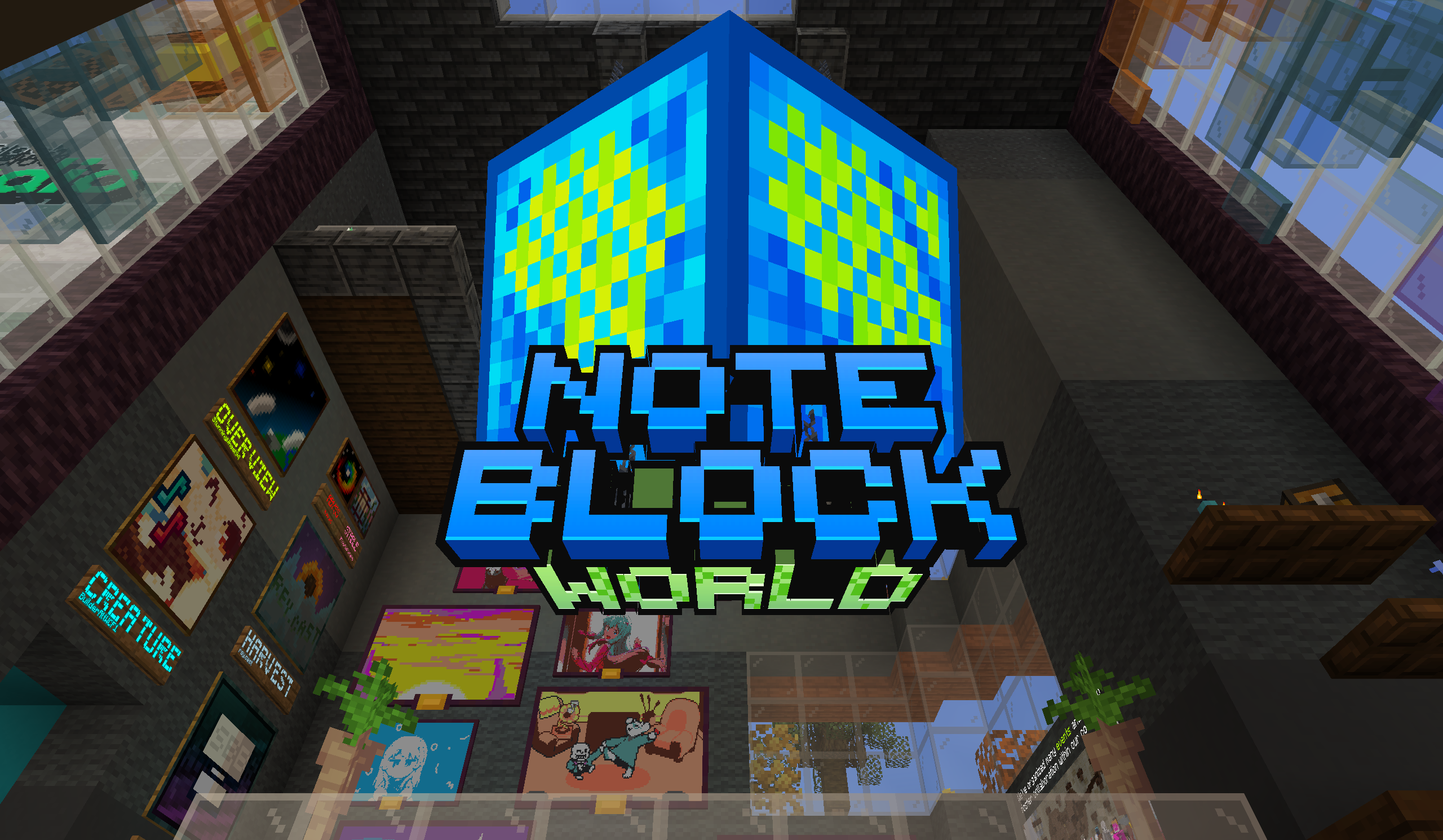 Interior of the Note Block World booth, with a glowing Earth-like cube hanging beneath a Note Block World sign.