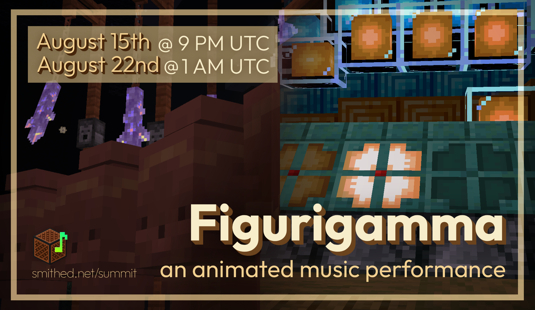 Figurigamma: an animated music performance. Split banner of clay pots with hanging amethyst crystals, and copper bulbs with orange beacons.