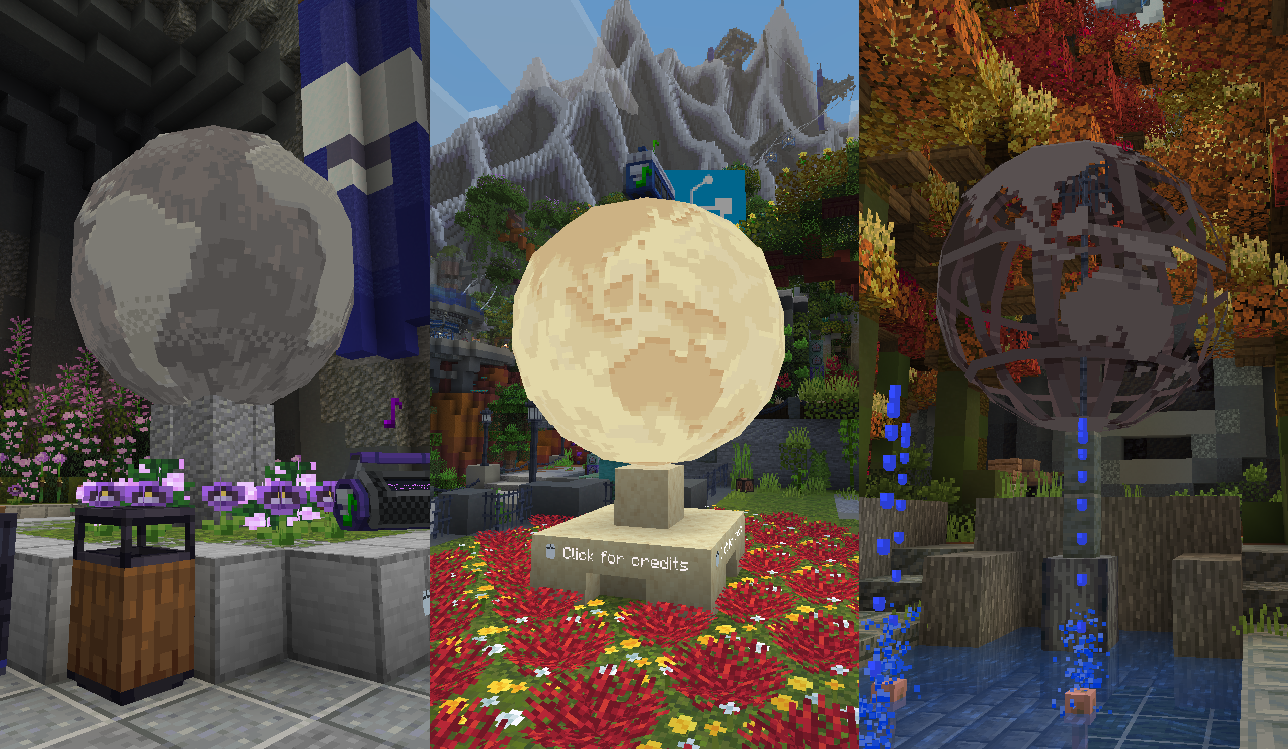 Three globe monuments: a stone sphere, a yellow moon-like globe, and a steel wireframe globe over a fountain.