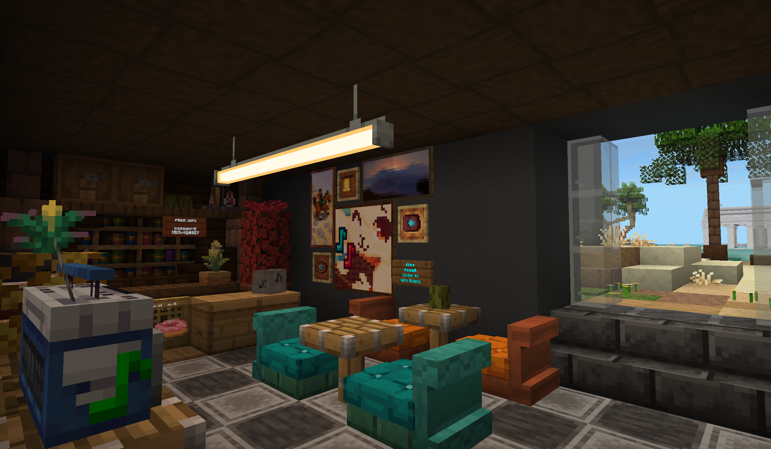 Note Block Cafรฉ with piston-head tables, cyan and orange chairs, and a snack counter.